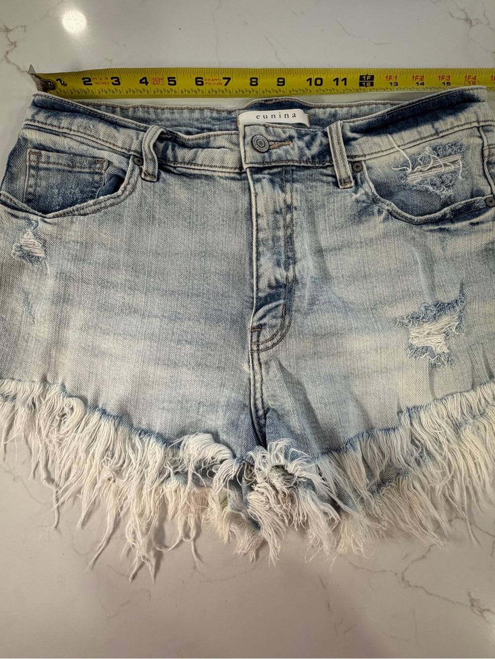 eunina Light Blue Distressed Frayed Hem Denim Shorts